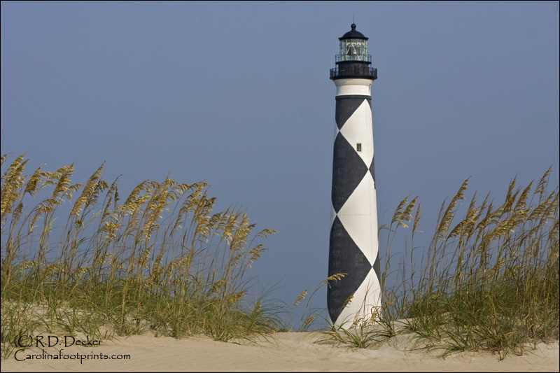 A view of Cape Lookout Lighthouse framed by sea oats as seen from the ocean side of the island.