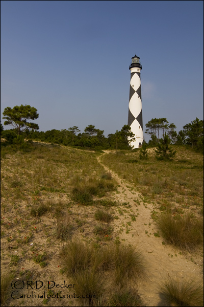 A sandy trail leads up a dune towards the lighthouse in the Cape Lookoug National Seashore.